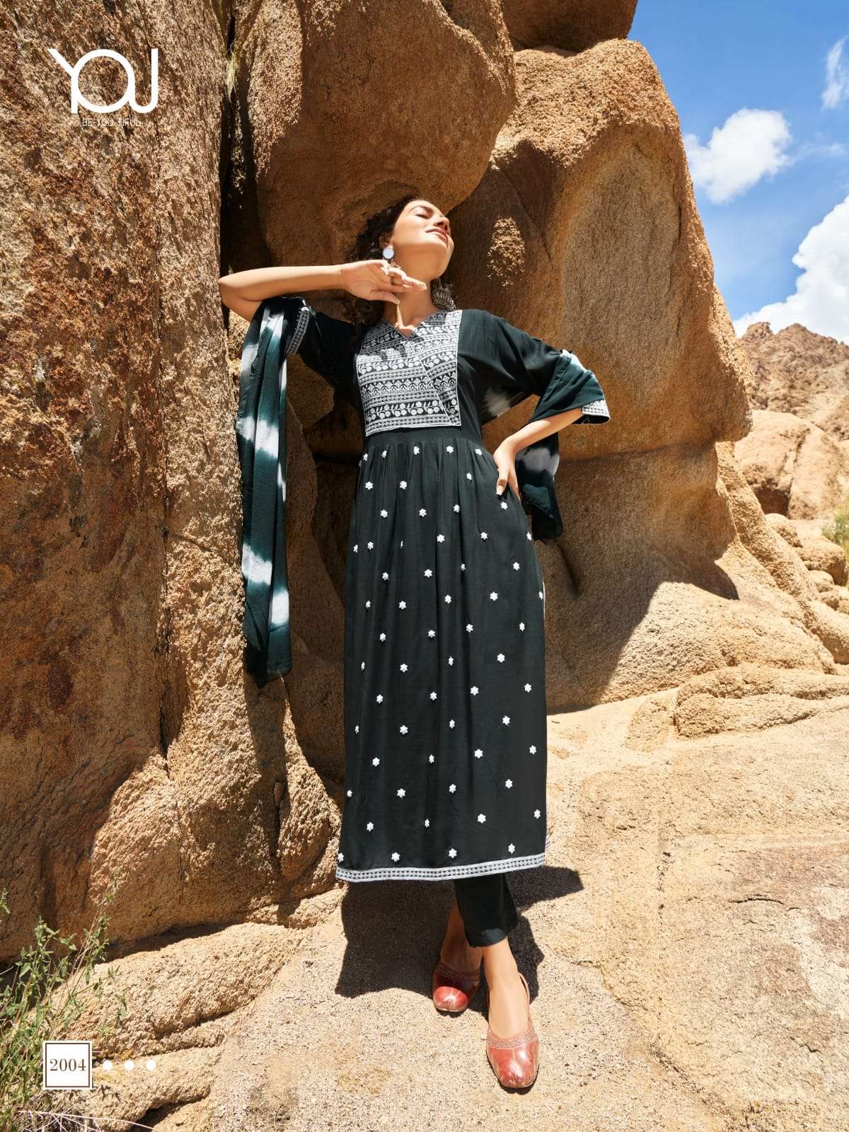 CORAL PURE RAYON SLUB SOBER EMBROIDERY WORK KURTI WITH PANT AND SHIBORI DUPATTA BY WANNA BRAND 2004